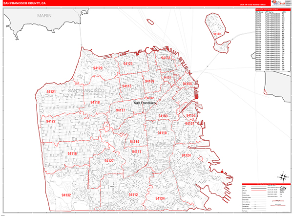 San Francisco County, CA Map Red Line Style